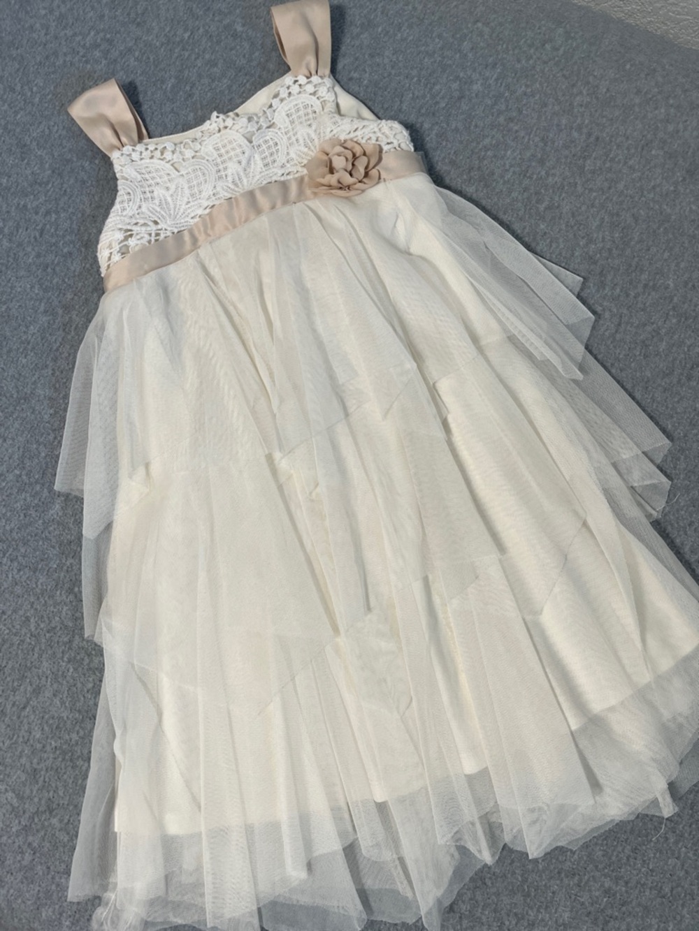 Girls Ivory Tulle Midi Dress Size 6 Dressy Princess Lace Tiered